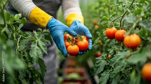 Close-up of a farmer's hands in blue gloves harvesting fresh ripe tomatoes in a greenhouse garden, surrounded by lush green plants.