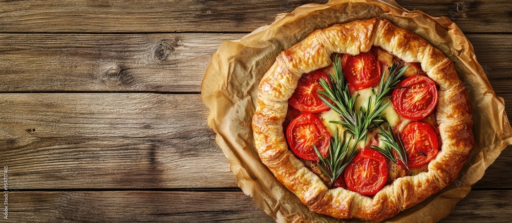Delicious galette featuring tomato rosemary and cheese Caprese galette on a wooden table top view Copyspace available Delicious galette featuring tomato rosemary and cheese Caprese galette on a wooden table top view Copyspace available