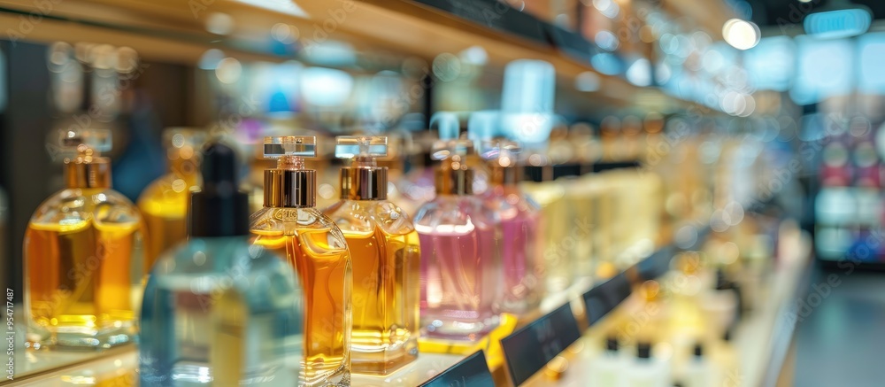 Shoppers in the cosmetics and household chemicals store A blurred view of a large perfume shop featuring perfumes and cosmetics Customers in the perfume shop are examining the products