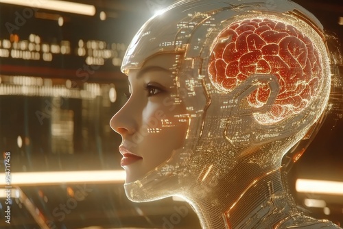 Psychodynamic theory Thought Robotic woman with transparent skull revealing a red brain symbolizing the fusion of organic thought and artificial intelligence photo