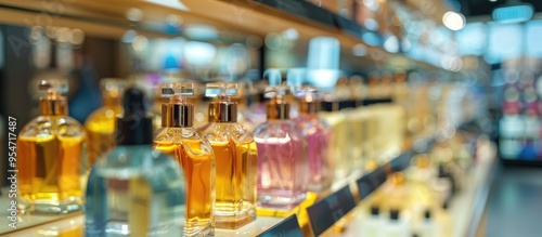 Obraz na płótnie Shoppers in the cosmetics and household chemicals store A blurred view of a large perfume shop featuring perfumes and cosmetics Customers in the perfume shop are examining the products w salonie