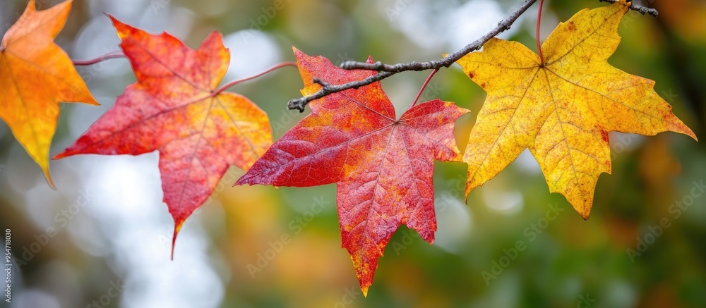 Fototapeta premium Multicolored red and yellow leaves of Liquidambar styraciflua known as American sweetgum Amber tree set against a blurred backdrop of green leaves from deciduous trees Selective focus Close up