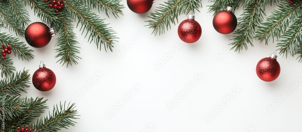 Minimal Christmas arrangement Fir tree branches with red Christmas ornaments on a white background Top view Copyspace Minimal Christmas arrangement Fir tree branches with red Christmas ornaments on a white background Top view Copyspace