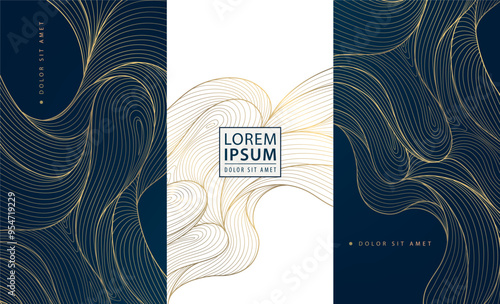 Vector set of art deco luxury wave patterns, gold and black fancy water cards, labels, brochures. Abstract  line chocolate, wine package templates.