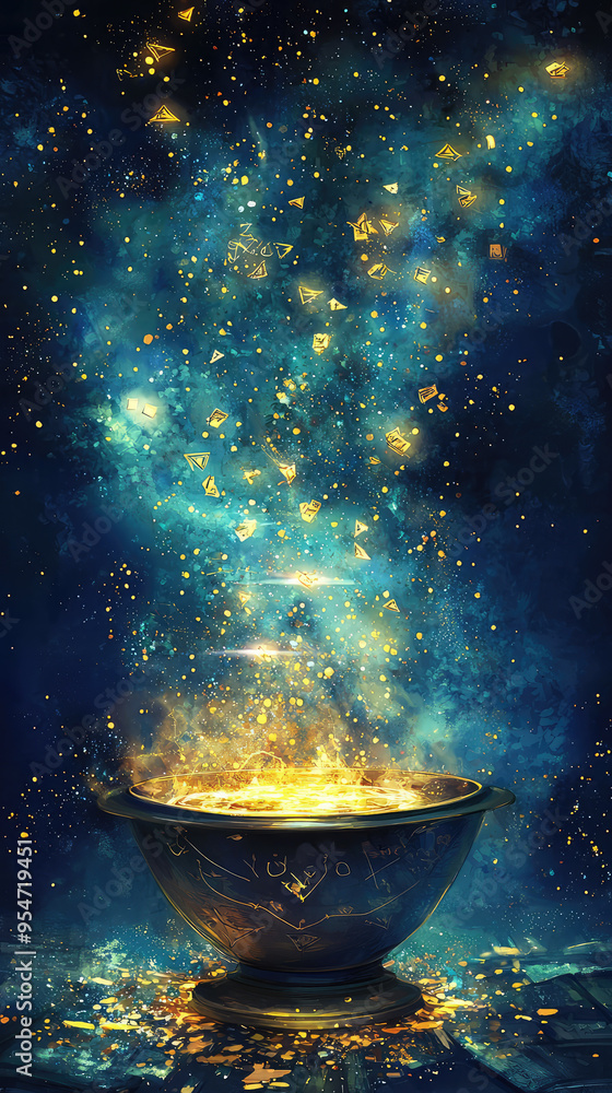A Mystical Cauldron Glows with Magic, Golden Particles Ascending into a Starry Night Sky, Evoking a Sense of Enchantment and Wonder. A Mystical Cauldron Glows with Magic, Golden Particles Ascending into a Starry Night Sky, Evoking a Sense of Enchantment and Wonder.
