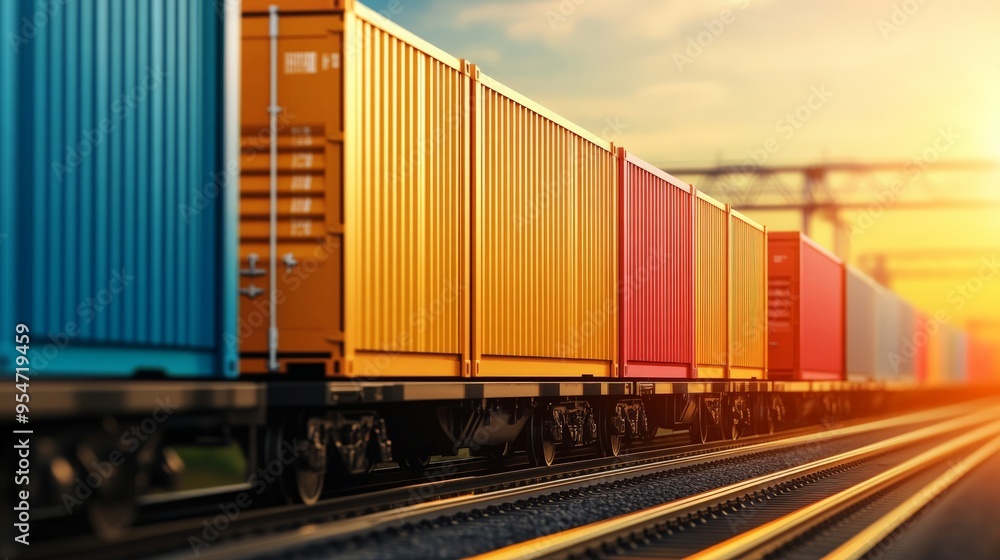 Obraz premium Colorful cargo containers on a train track at sunset, symbolizing logistics, transportation, and global trade.