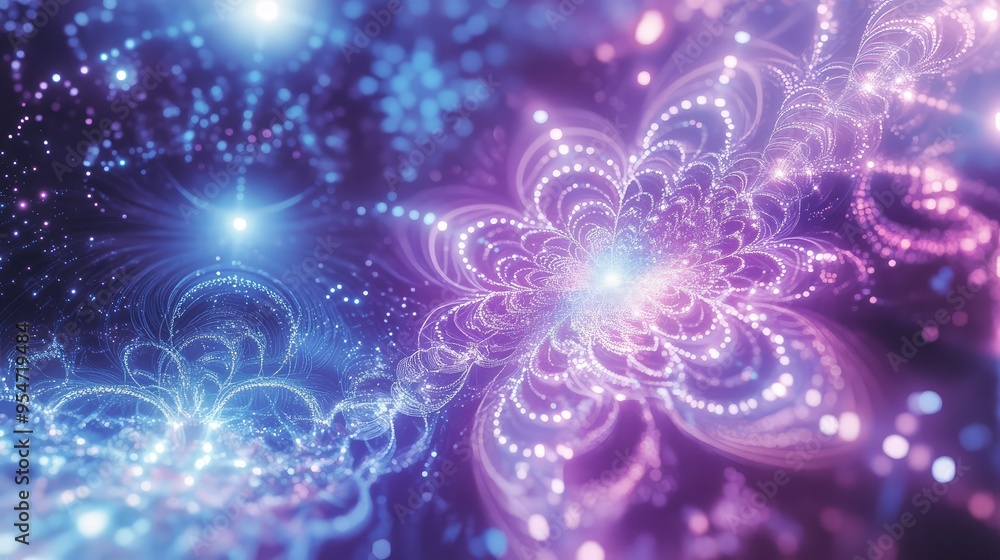A digital cosmos in the metaverse, with violet and blue fractal patterns and stars dotting the infinite background A digital cosmos in the metaverse, with violet and blue fractal patterns and stars dotting the infinite background