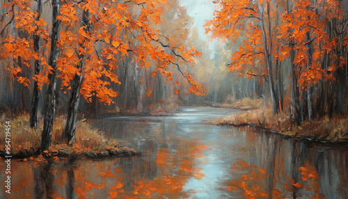 A serene landscape featuring a tranquil river surrounded by trees with vibrant orange leaves reflecting on the water.
