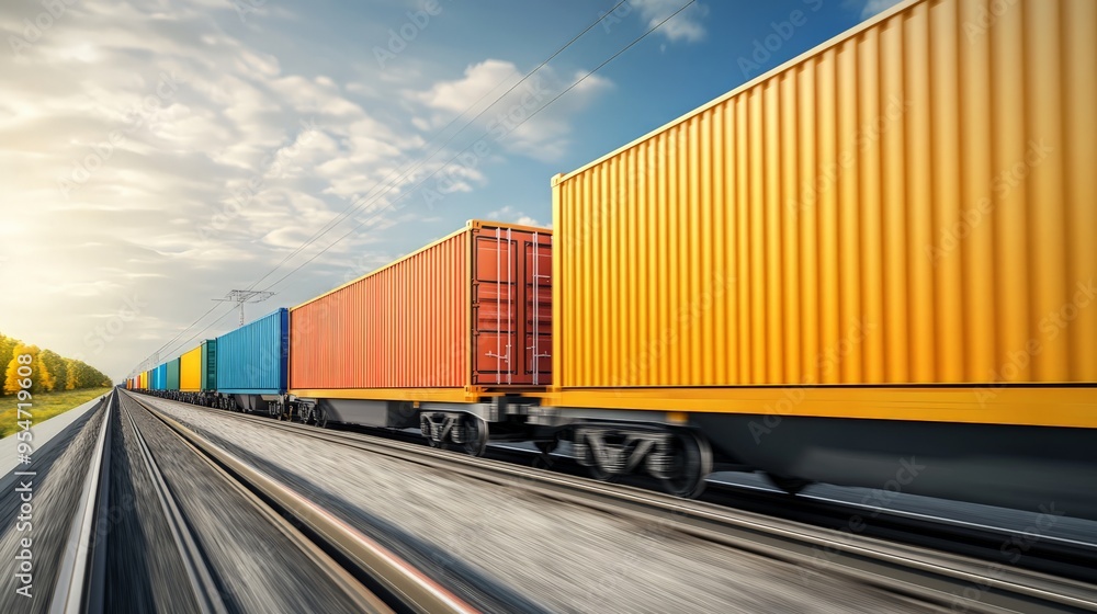 Obraz premium Colorful cargo containers transported by freight train on railway track against sky. Logistics, transportation concept.