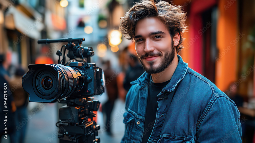 Outdoor Vlogger Filming on City Street. Young man with curly hair and a denim jacket smiles while recording content on a busy city street with professional camera gear. Outdoor Vlogger Filming on City Street. Young man with curly hair and a denim jacket smiles while recording content on a busy city street with professional camera gear.