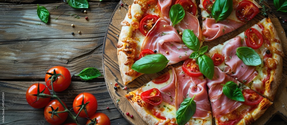 Fototapeta premium Pizza topped with ham tomatoes mozzarella cheese and basil Tasty Italian pizza on a wooden pizza board in enchanting light. with copy space image. Place for adding text or design