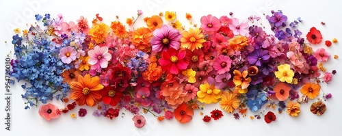 Aerial view of a pile of multicolored flowers, dense in the center and loosely dispersed around the edges, in illustrated watercolor style photo