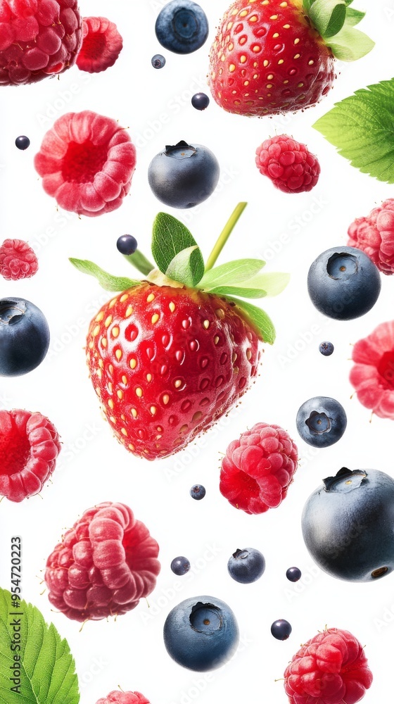 Flying fresh berries: Strawberries, Raspberries, Blueberries and Blackberries on white background. Flying fresh berries: Strawberries, Raspberries, Blueberries and Blackberries on white background.