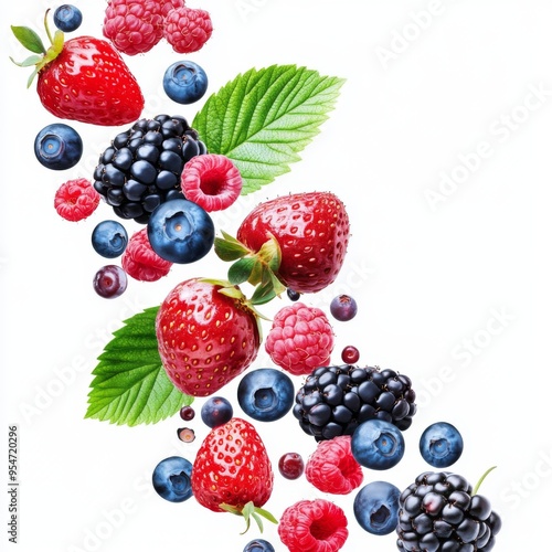 Flying fresh berries: Strawberries, Raspberries, Blueberries and Blackberries on white background.