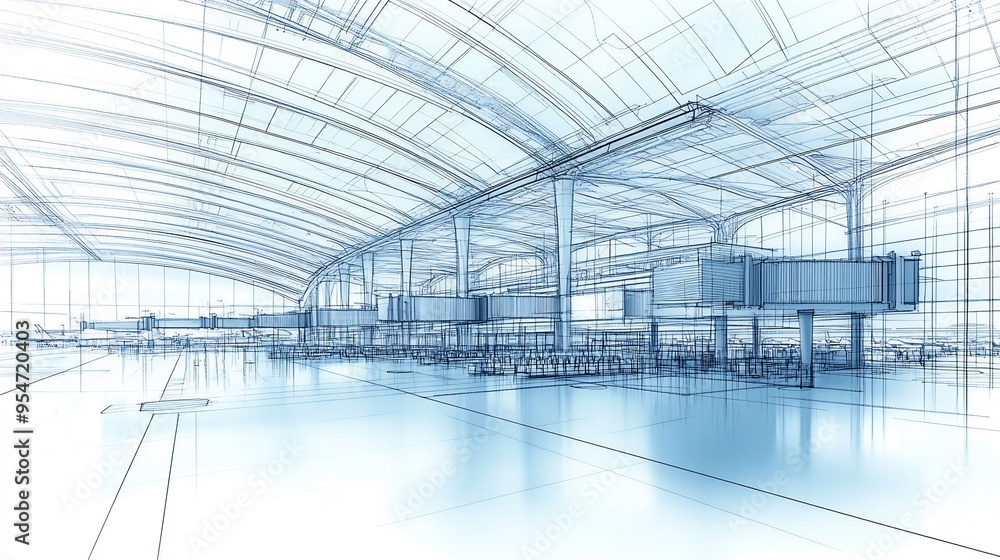 Blueprint of modern airport terminal with gate layouts baggage areas and structural details Blueprint of modern airport terminal with gate layouts baggage areas and structural details