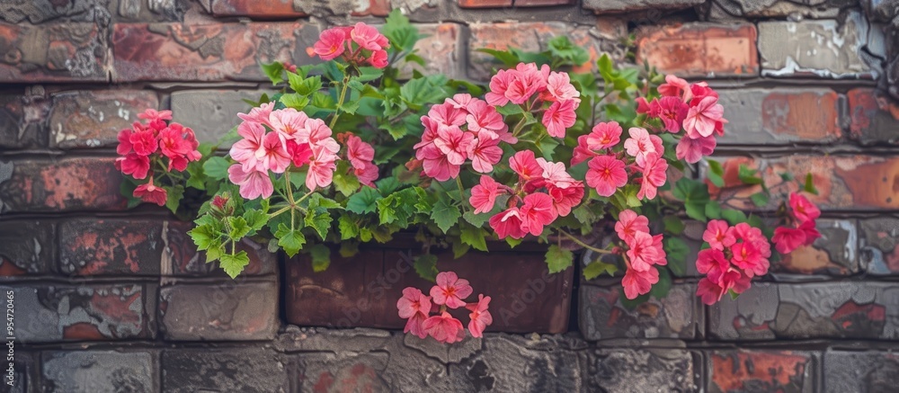 pink geranium in a planter against a brick wall. with copy space image. Place for adding text or design