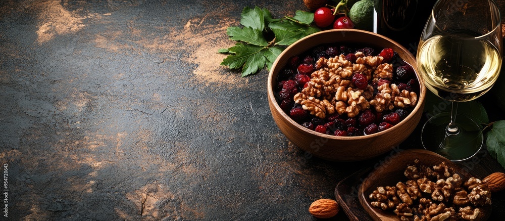 dried berry and walnut French dish with white wine. with copy space image. Place for adding text or design dried berry and walnut French dish with white wine. with copy space image. Place for adding text or design