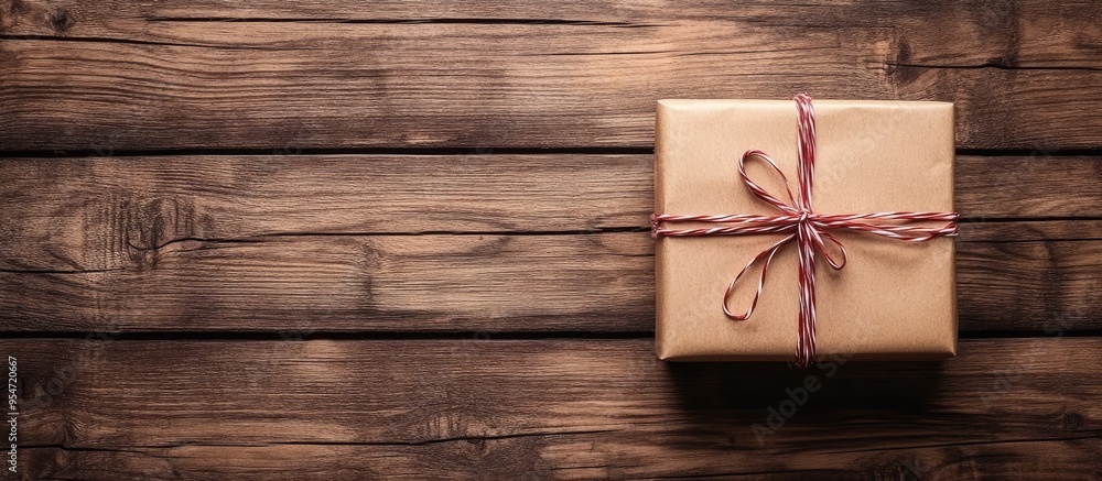 Fototapeta premium Present box gift decoration on wooden table top view with copy space