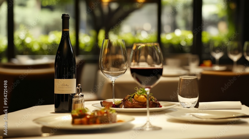 Elegant restaurant table setting with wine, gourmet dishes, and sophisticated ambiance. Elegant restaurant table setting with wine, gourmet dishes, and sophisticated ambiance.