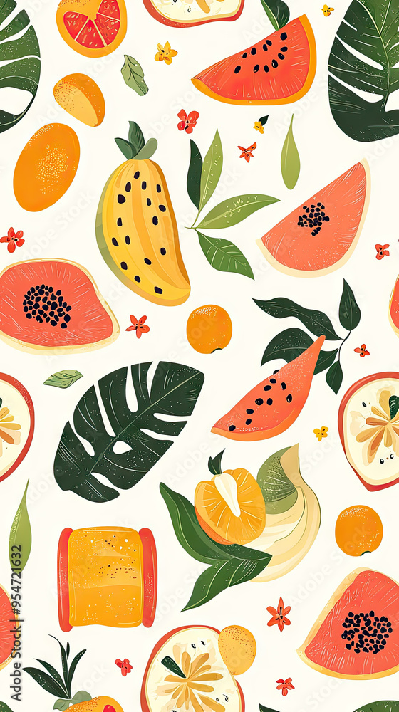 A Vibrant Tropical Feast: Watermelon, Mango, and Citrus Slices Dance Amidst Lush Green Leaves. A Vibrant Tropical Feast: Watermelon, Mango, and Citrus Slices Dance Amidst Lush Green Leaves.