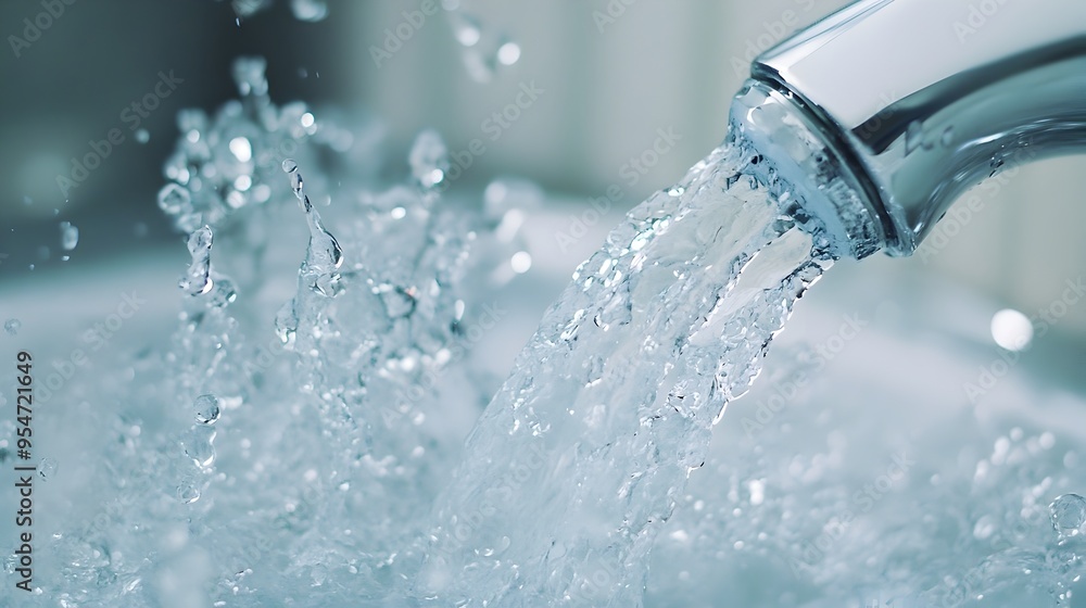 Closeup view of crystal clear flowing water pouring from a clean modern bathroom faucet The tranquil soothing stream of liquid creates a serene calming atmosphere Closeup view of crystal clear flowing water pouring from a clean modern bathroom faucet The tranquil soothing stream of liquid creates a serene calming atmosphere