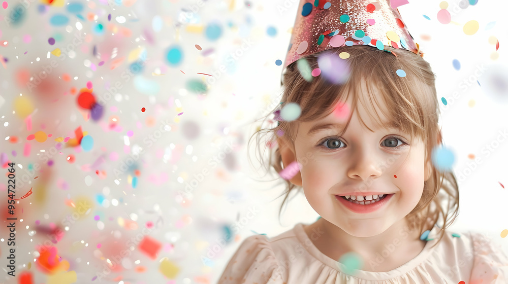 happy birthday child girl with confetti on white background happy birthday child girl with confetti on white background