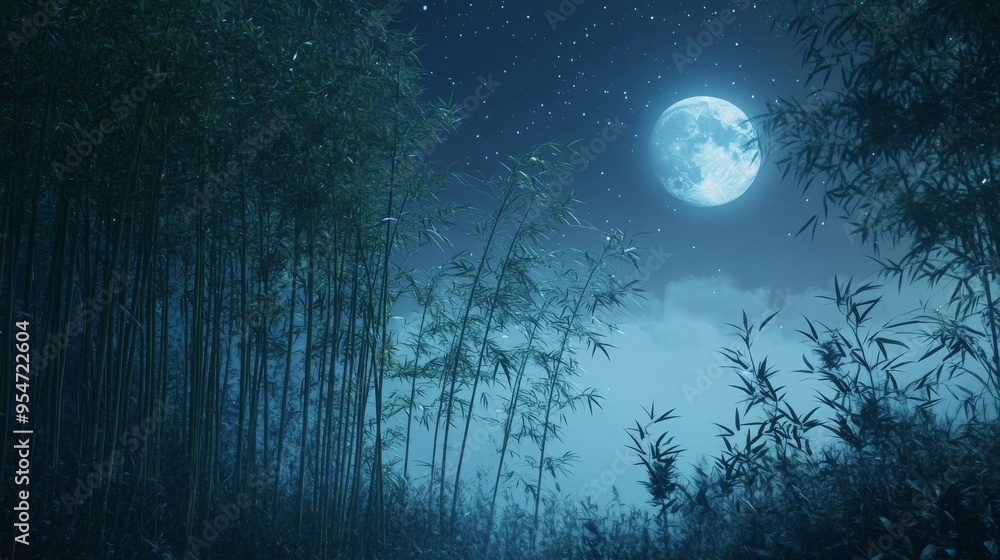 Naklejka premium A Full Moon Illuminates a Dense Bamboo Forest at Night