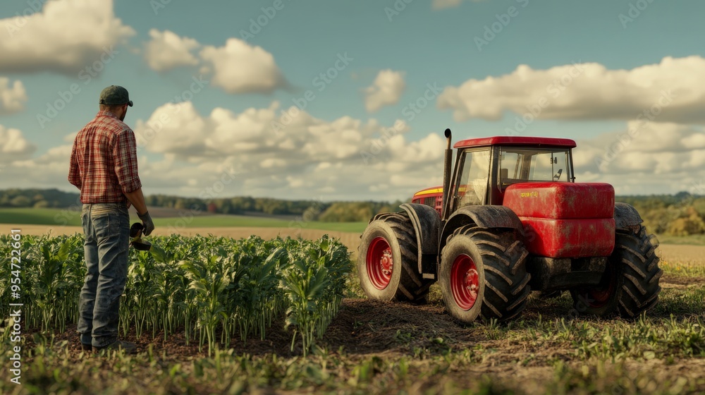 Obraz premium Farmer standing beside a red tractor in a field with green crops under a partly cloudy sky on a sunny day.