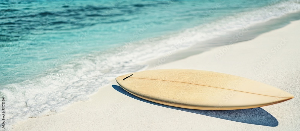 Obraz premium Surfboard on a white sandy beach without any people present Selective focus copyspace available Concept of summer activities water sports and an active lifestyle