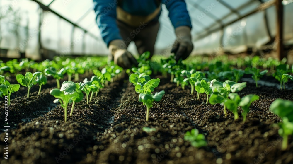 Farmer tends to young seedlings in a greenhouse, ensuring healthy plant growth and sustainable agriculture practices. Farmer tends to young seedlings in a greenhouse, ensuring healthy plant growth and sustainable agriculture practices.