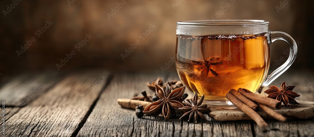 Fototapeta premium Aromatic tea with anise stars on a wooden table Room for text. with copy space image. Place for adding text or design