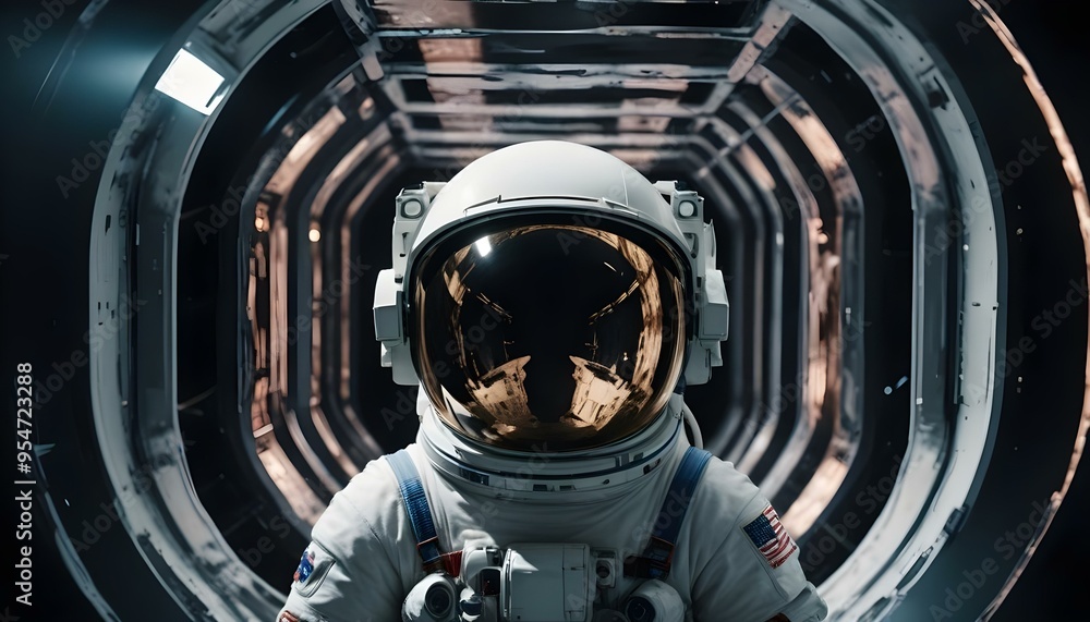 An astronaut stands in a futuristic tunnel, wearing a reflective helmet and a suit with an American flag patch. An astronaut stands in a futuristic tunnel, wearing a reflective helmet and a suit with an American flag patch.