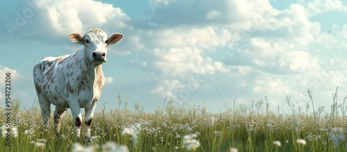 Meadow clear sky and cow. w...