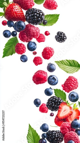 Flying fresh berries: Strawberries, Raspberries, Blueberries and Blackberries on white background.