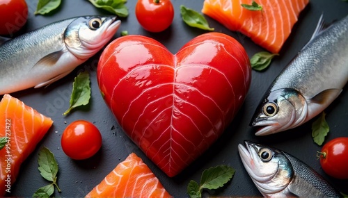 Heart with Omega-3 Fish, a heart surrounded by fish rich in Omega-3 fatty acids photo