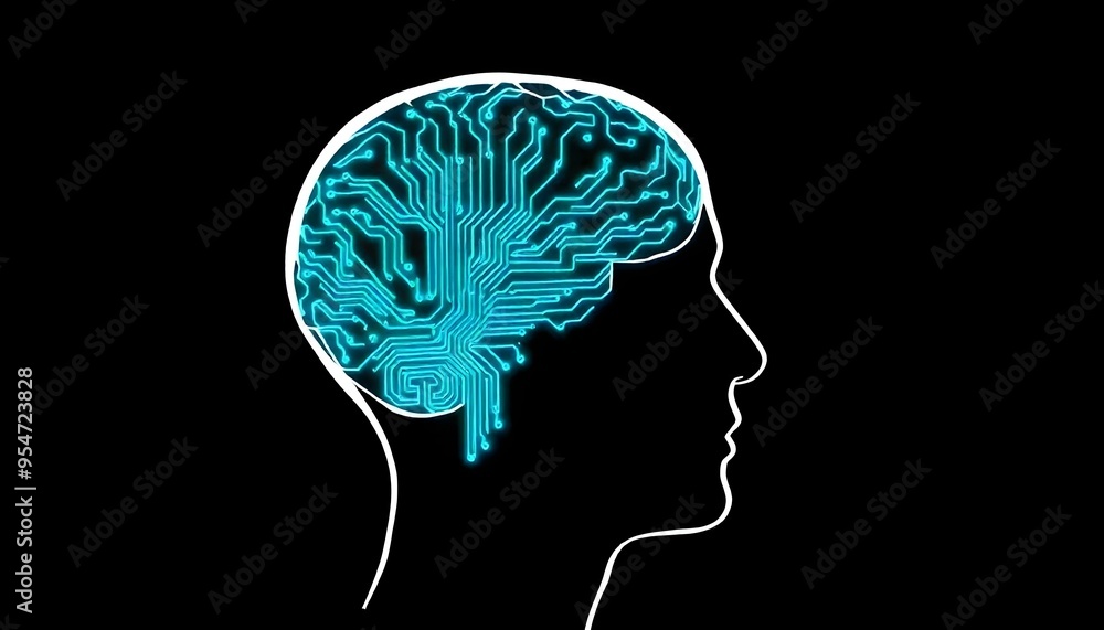 Obraz premium Digital thinking, a digital depiction of a circuit board as a brain suggesting business decision and AI isolated on a black background