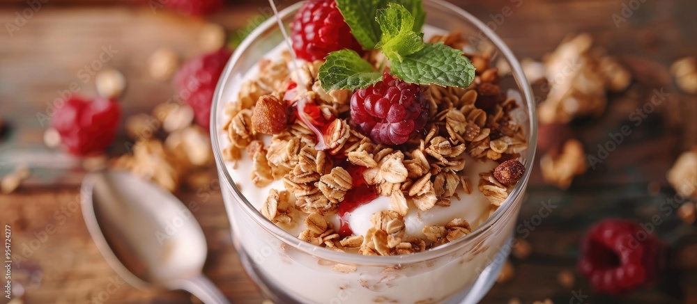 Pouring yogurt over granola for breakfast. with copy space image. Place for adding text or design Pouring yogurt over granola for breakfast. with copy space image. Place for adding text or design