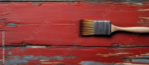 A wooden brush rests on a partially painted red stain on the wooden surface from a top view. with copy space image. Place for adding text or design photo