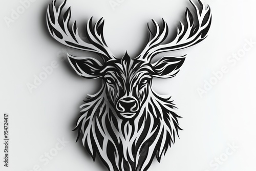 A balanced and symmetrical artistic representation of a deer with prominently detailed antlers, rendered in a black and white design, emphasizing modern elegance.