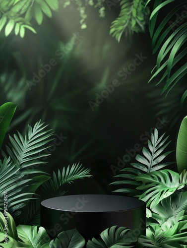 Black abstract stage with one circle podium mockup, tropical green leaves, template for presentation cosmetic products, goods, design, advertising, with generative ai