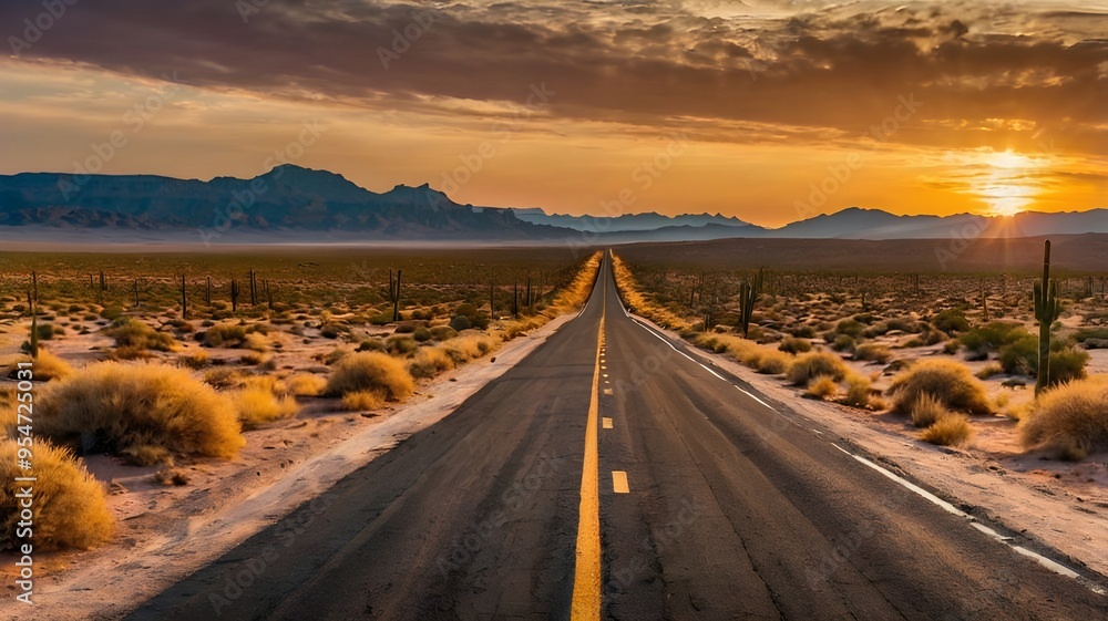 The open road through a desert at sunset with across the path, symbolizing new adventures and the start of a quest. The open road through a desert at sunset with across the path, symbolizing new adventures and the start of a quest.
