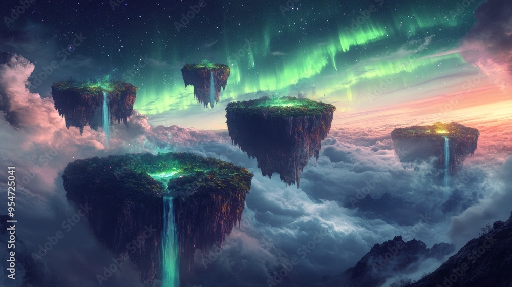 Fototapeta premium Floating Islands with Waterfalls Under a Starry Sky with Aurora Borealis