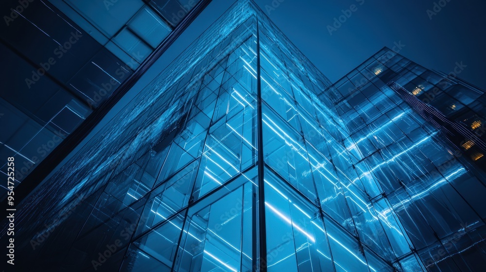 Obraz premium Futuristic glass skyscrapers glow with blue lights in the dark night sky.