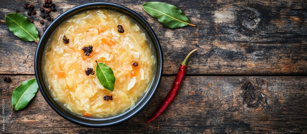Sauerkraut soup in a bowl accompanied by black fried red pepper and bay leaves Captured from above on rustic wood Copy space Sauerkraut soup in a bowl accompanied by black fried red pepper and bay leaves Captured from above on rustic wood Copy space