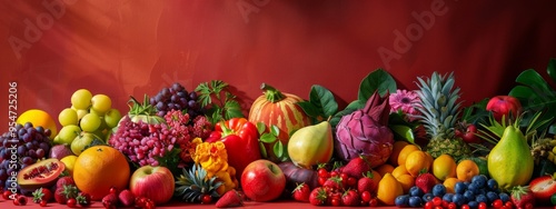 Vibrant assortment of fruits and vegetables on a red backdrop