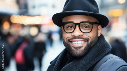 Stylish black man wearing hat and glasses smiling outdoors in urban street portrait in winter