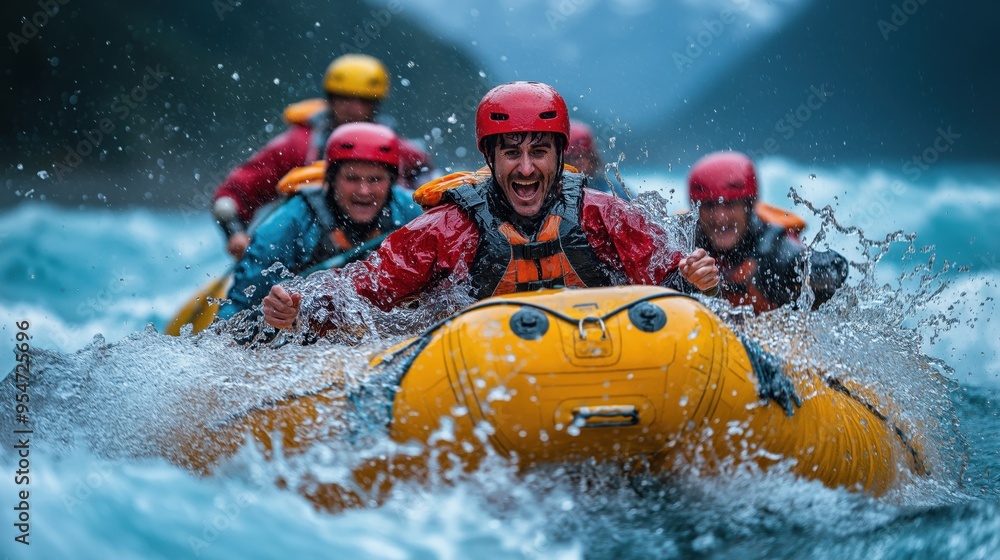 Fototapeta premium Rafting. A group of people rafting down a whitewater river. Rafting and whitewater rafting. An extreme sport. A group sport.