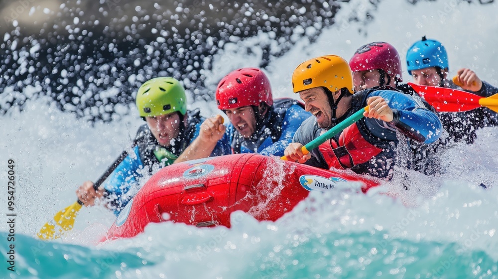 Obraz premium Rafting. A group of people rafting down a whitewater river. Rafting and whitewater rafting. An extreme sport. A group sport.