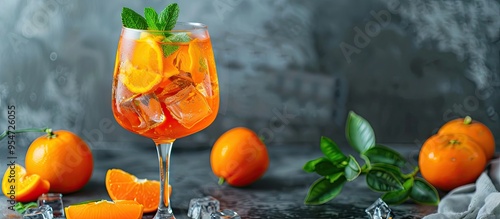 Summer refreshing cocktail featuring tangerine and orange against a grey background. with copy space image. Place for adding text or design photo