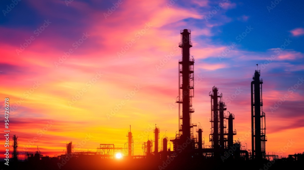Industrial refinery with tall chimneys against a vibrant sunset. Silhouette of machinery with colorful sky backdrop. Industrial refinery with tall chimneys against a vibrant sunset. Silhouette of machinery with colorful sky backdrop.